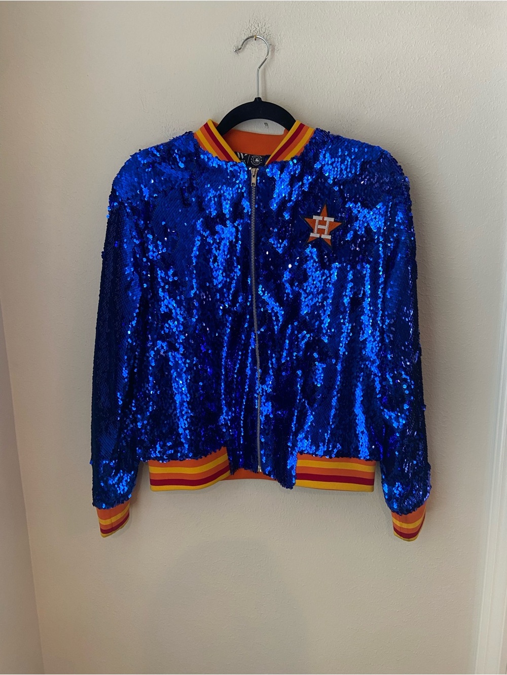 Houston Astros Sequin Bomber Jacket Blue Full Zip The Wild Collective Women's S